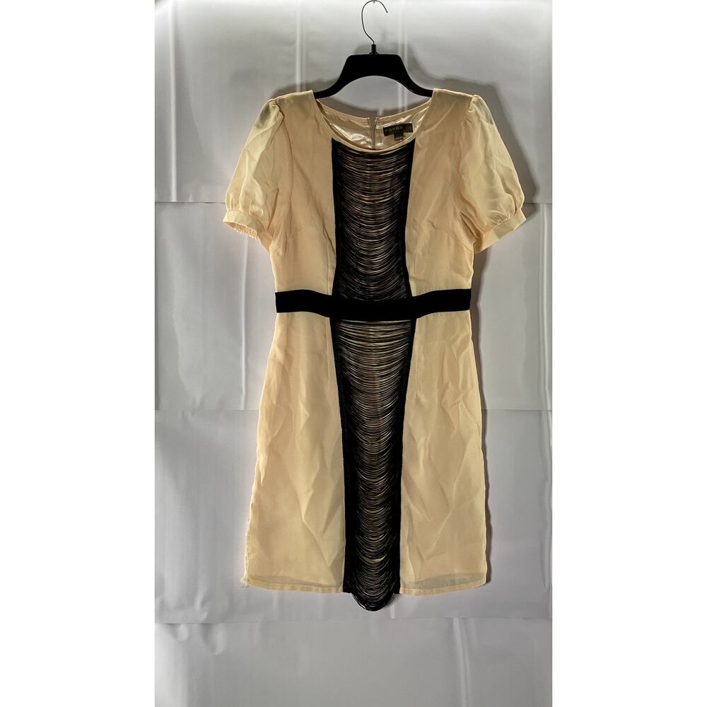 FEVER LONDON Women's Beige/Black Crewneck Fringe Short Sleeve Dress SZ 8